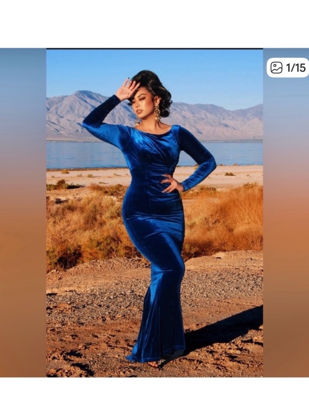 Laura Byrnes Cobalt Blue Velvet Long Sleeve Gown